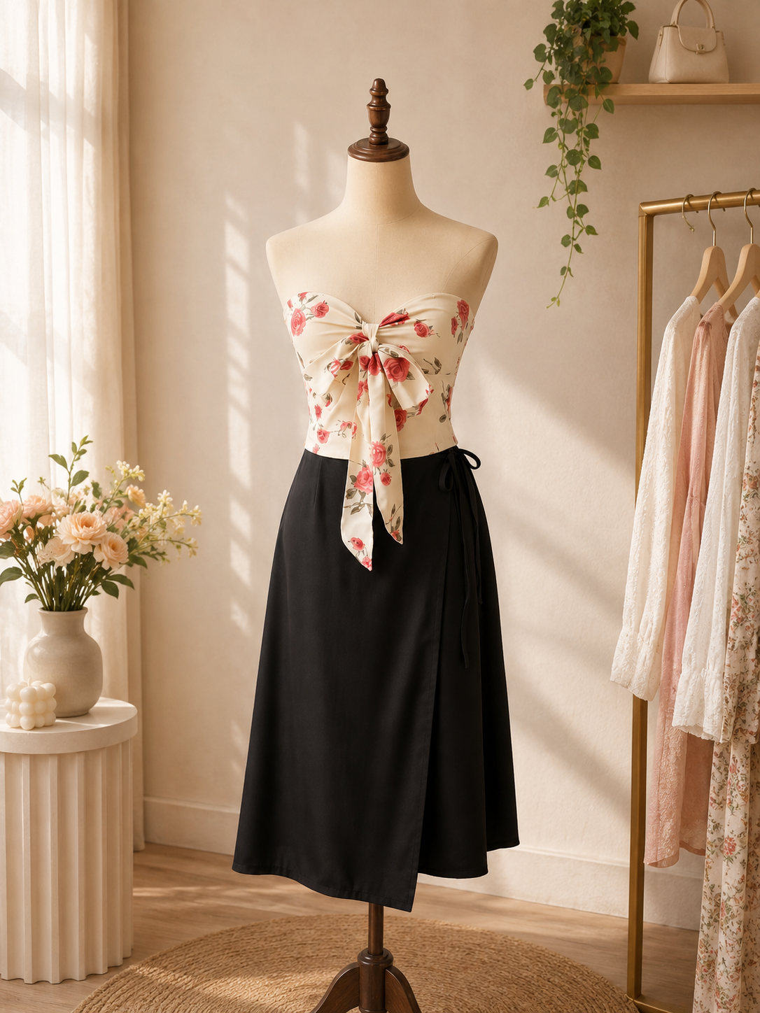 Floral Tie-Front Strapless Padded Tube Top