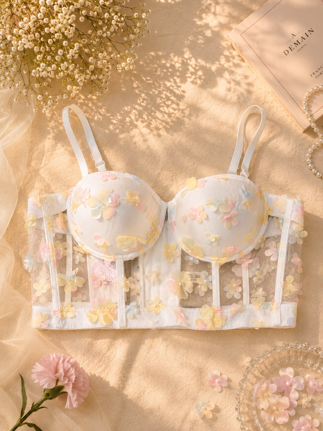 3D Floral Applique Mesh Corset Bustier Top