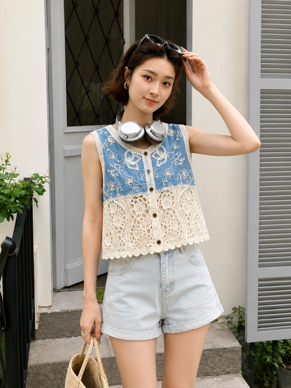 Floral Embroidered Crochet Patchwork Vest Top