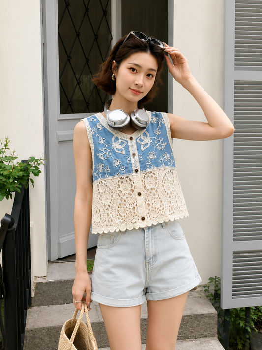 Floral Embroidered Crochet Patchwork Vest Top