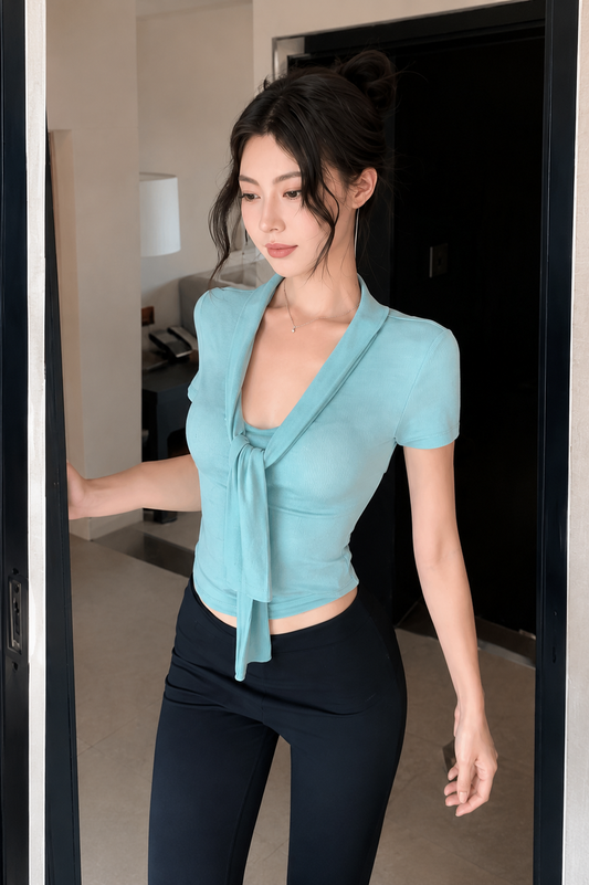 Ribbed V-Neck Tie-Front Top