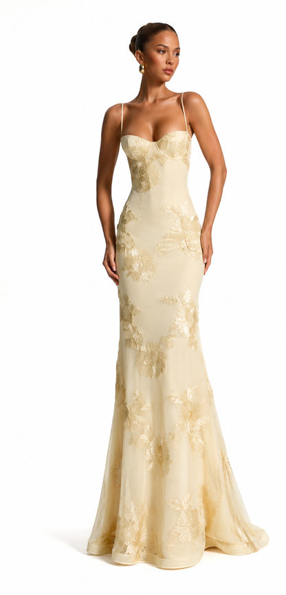 Embroidered Floral Lace-Up Mermaid Maxi Gown