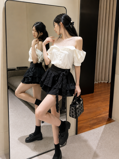 Rhinestone Mesh Panel Cold-Shoulder