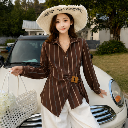 Striped Side-Tie Asymmetric Cotton Shirt