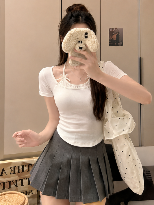 Faux Layered Halter-Neck Bow Padded Tee
