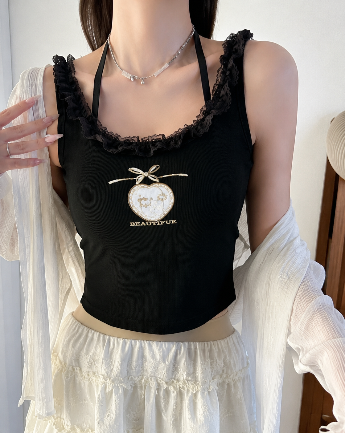 Lace-Trim Graphic Halter Camisole Padded Top