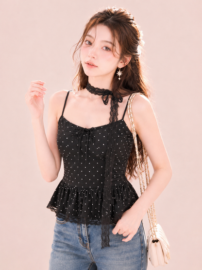 Polka Dot Lace-Trim Peplum Cami Padded Set with Choker