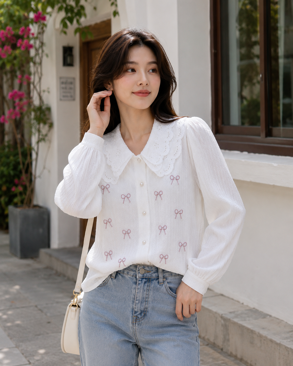 Embroidered Bow Eyelet Peter Pan Collar Shirt
