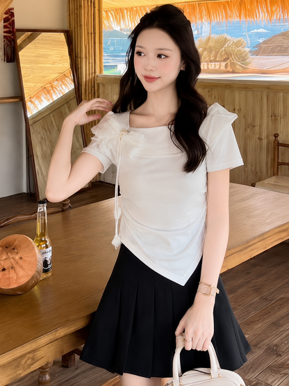Portrait Collar Statement Bow Asymmetric Top