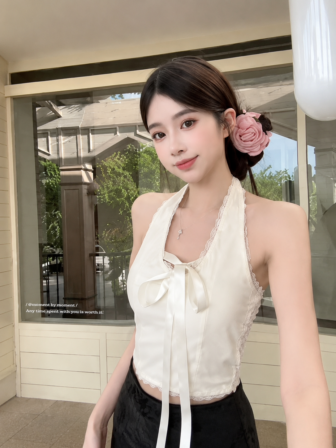 Satin Lace Halter Top with Bow Accent