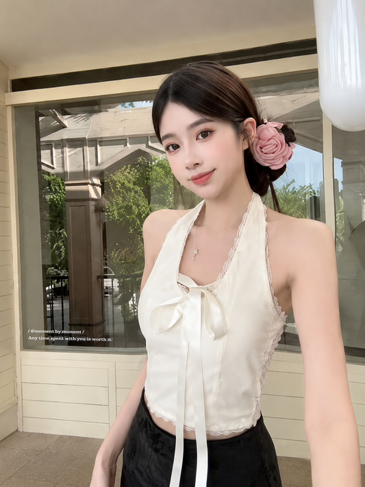 Satin Lace Halter Top with Bow Accent
