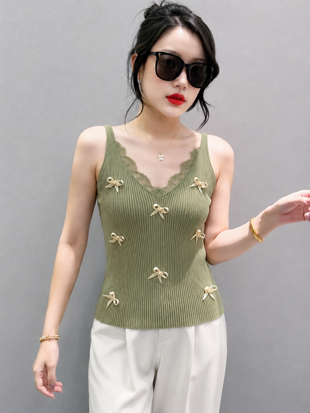 Multi-Bow Lace-Trim Ribbed Knit Cami