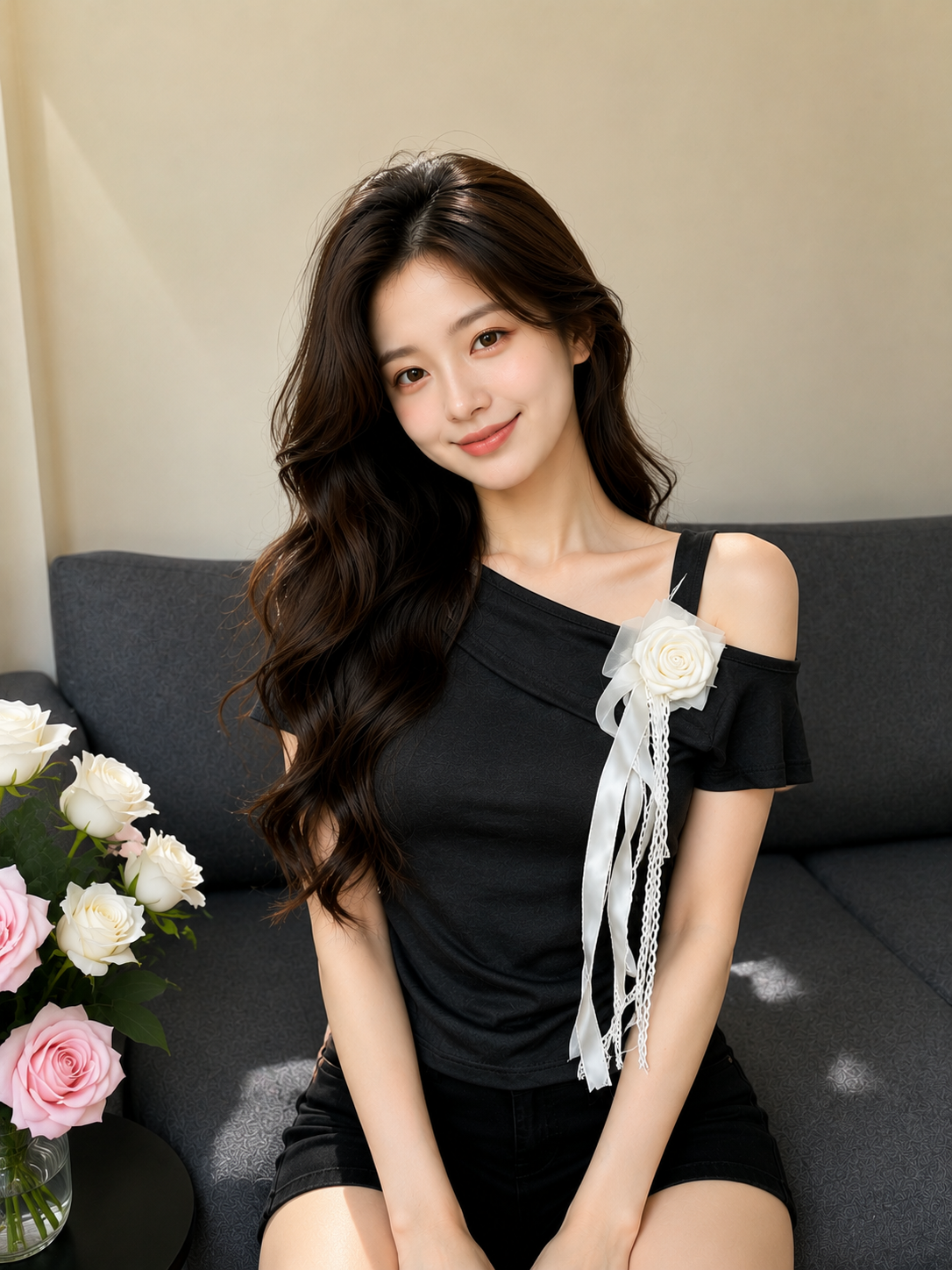 Floral Ribbon Accent Asymmetrical Off-Shoulder Tee