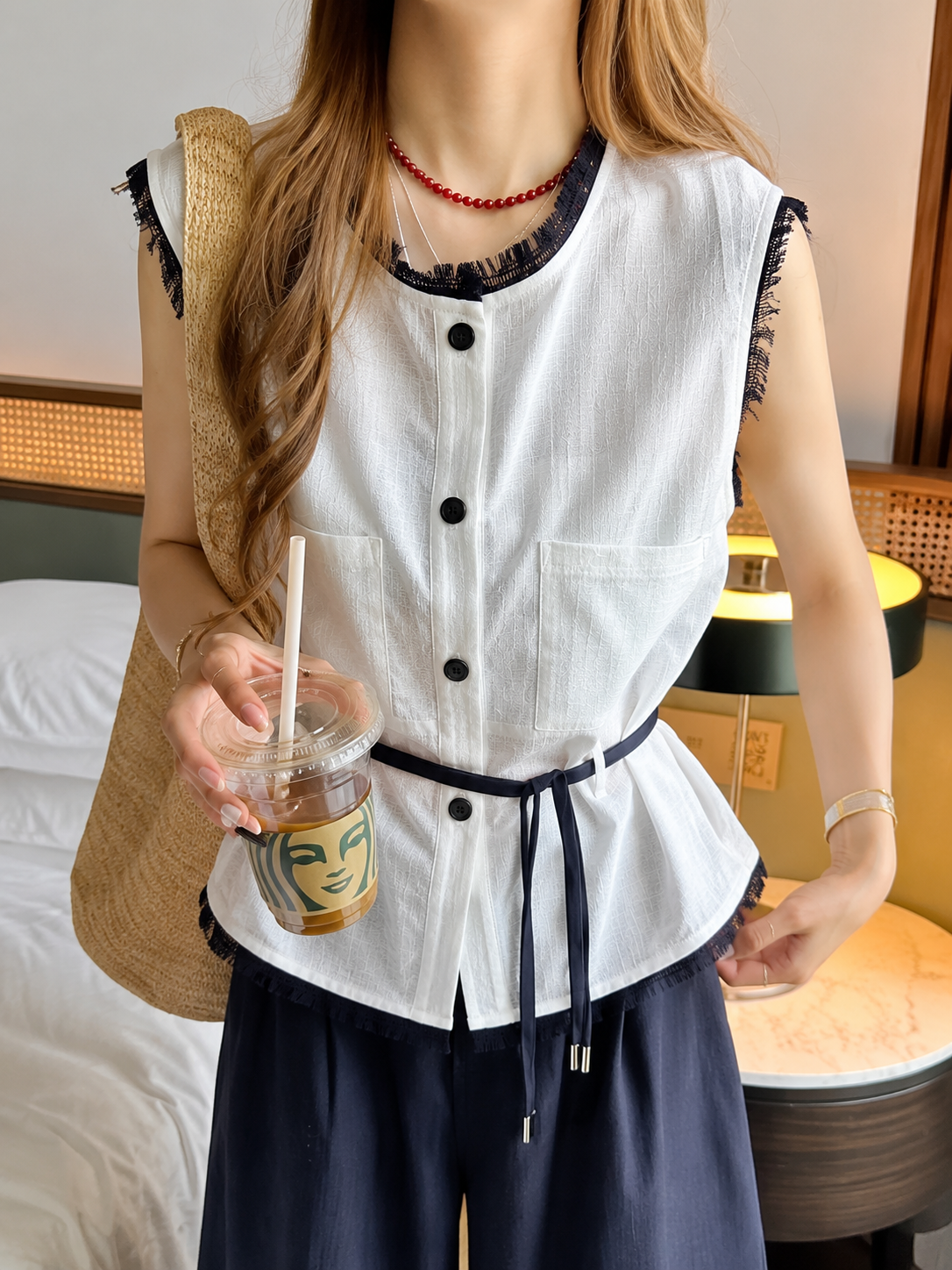 Contrast Fringed Belted Tweed Sleeveless Top