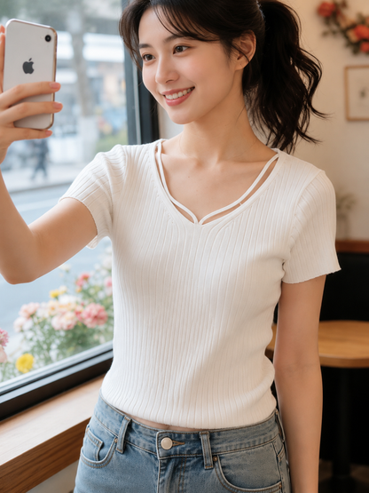 Faux Strappy Ribbed V-Neck Knit Tee