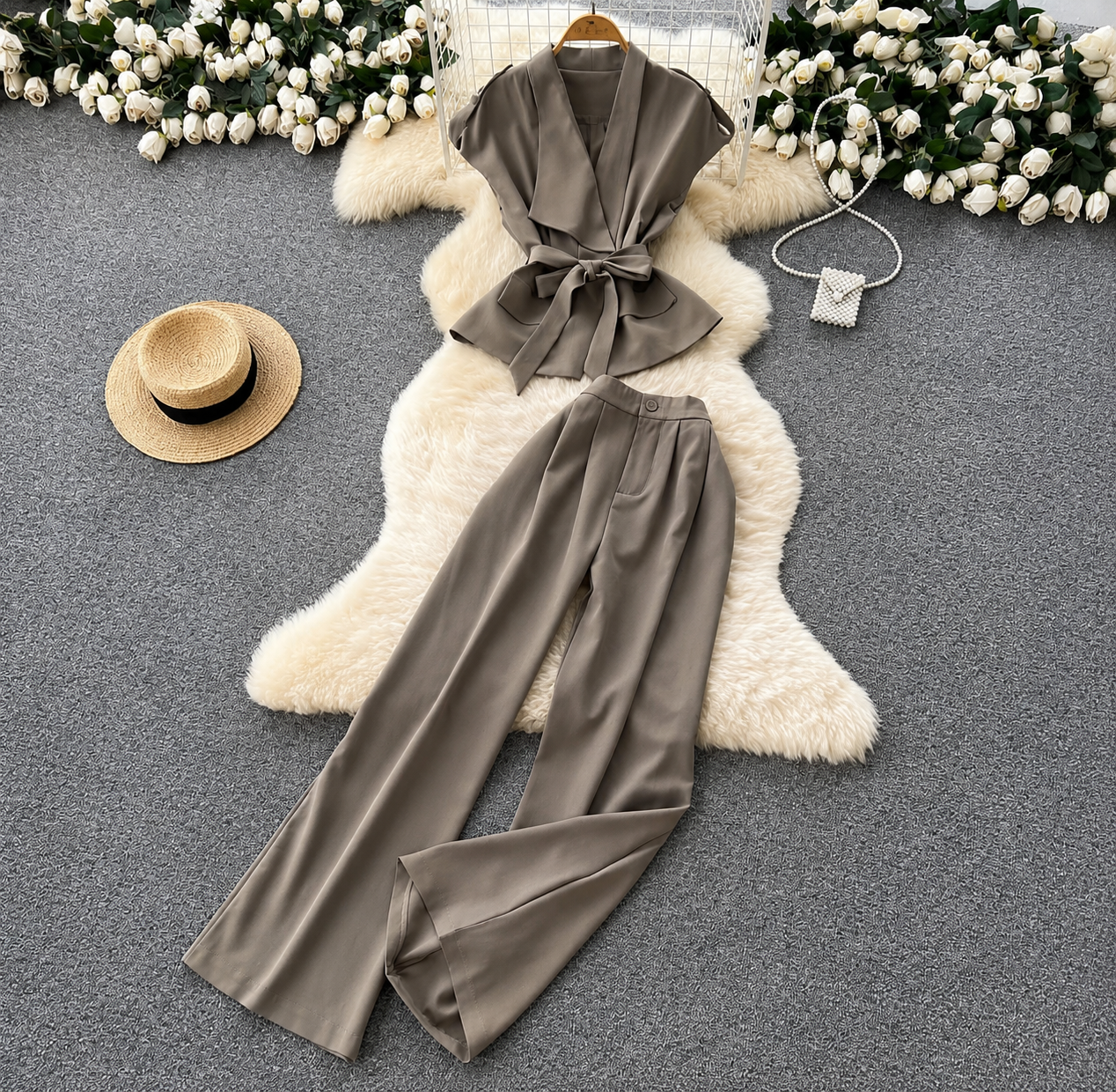 Belted Draped Vest and Wide-Leg Trousers Set