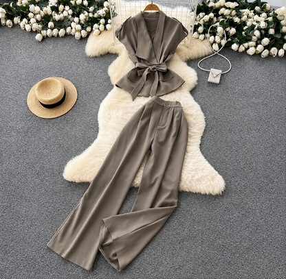 Belted Draped Vest and Wide-Leg Trousers Set