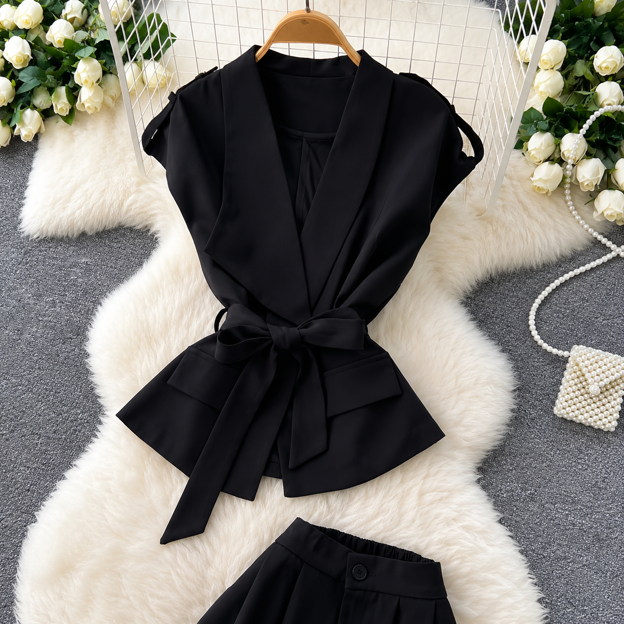 Belted Draped Vest and Wide-Leg Trousers Set