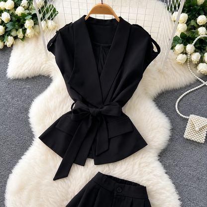 Belted Draped Vest and Wide-Leg Trousers Set
