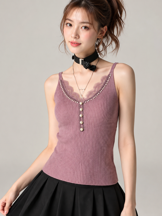 Pearl-Trimmed Lace Henley Ribbed Cami Top