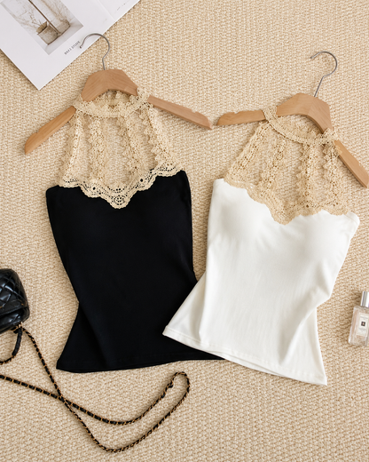 Crochet Lace Cutout Halter Padded Top