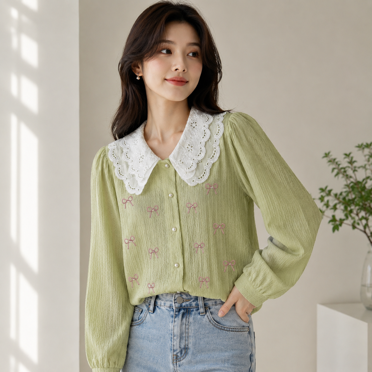 Embroidered Bow Eyelet Peter Pan Collar Shirt