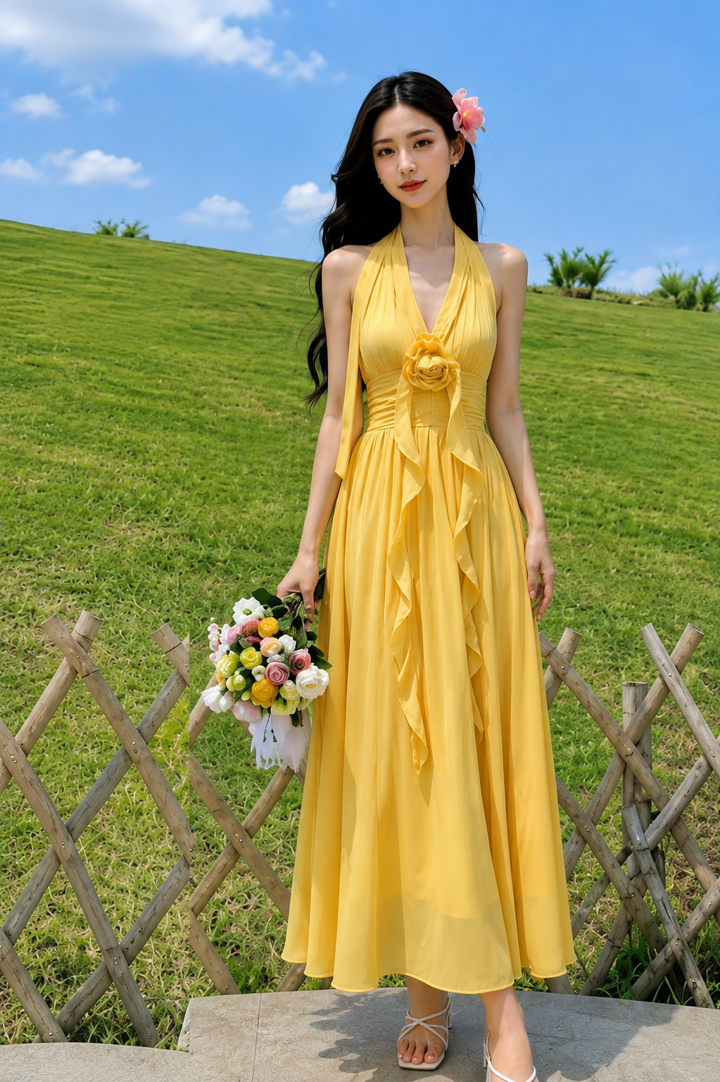 3D Rosette Halter Pleated Cotton Maxi Dress