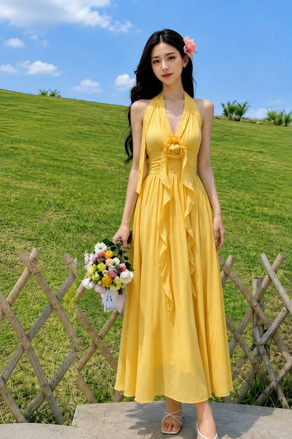 3D Rosette Halter Pleated Cotton Maxi Dress