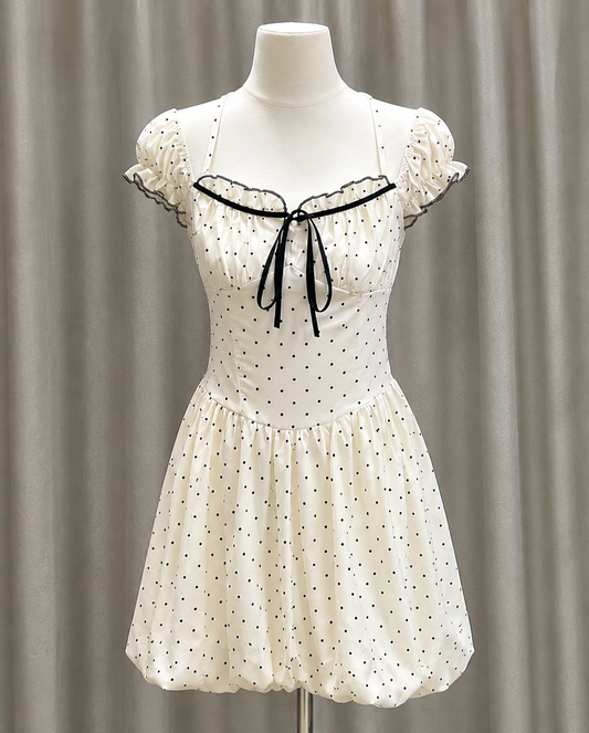 Polka Dot Puff-Sleeve Bubble Hem Mini Dress