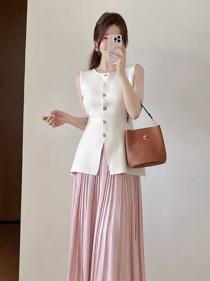 Button Ribbed Knit Waist Coat Top