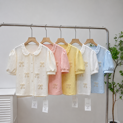 Pearl Bow Peter Pan Collar Puff Sleeve Shirt