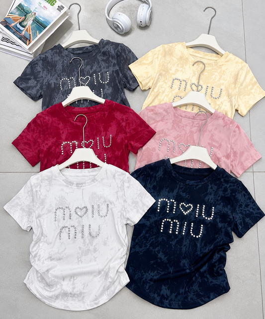 Studded Rhinestone Logo Tie-Dye Acid Wash Tee