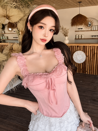 Lace-Trim Ruffled Bustier Top