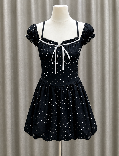 Polka Dot Puff-Sleeve Bubble Hem Mini Dress