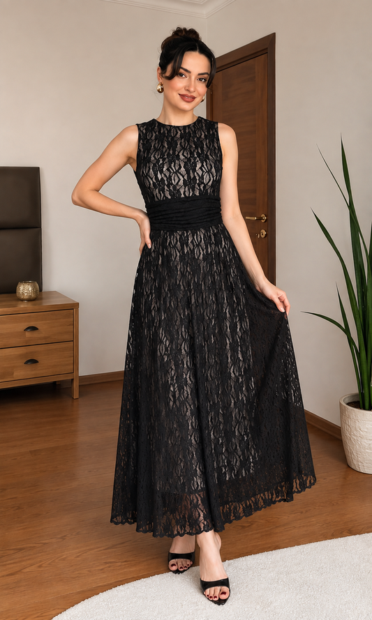 Ruched Cummerbund Lace Maxi Dress