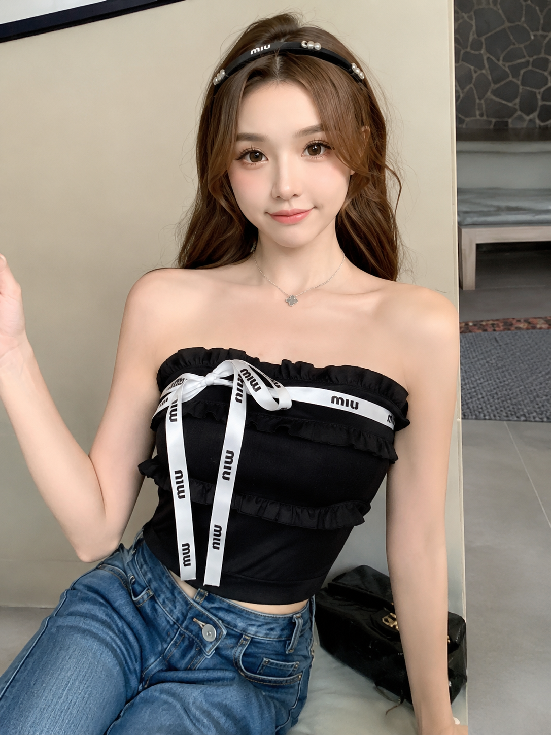 Ruffled Typography-Ribbon Tube Top