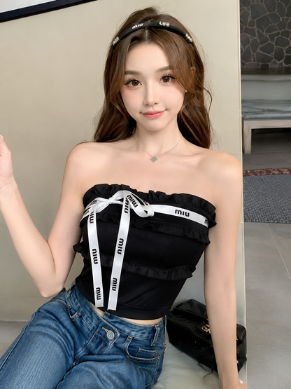 Ruffled Typography-Ribbon Tube Top