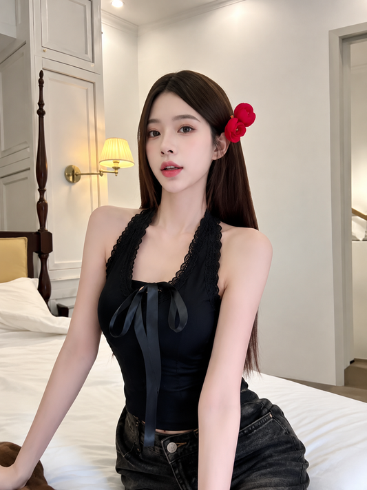 Satin Lace Halter Top with Bow Accent