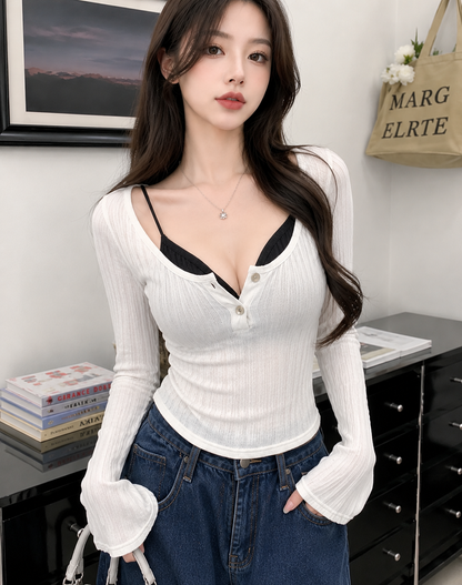 Ribbed Henley Long-Sleeve & V-Neck Bralette Set
