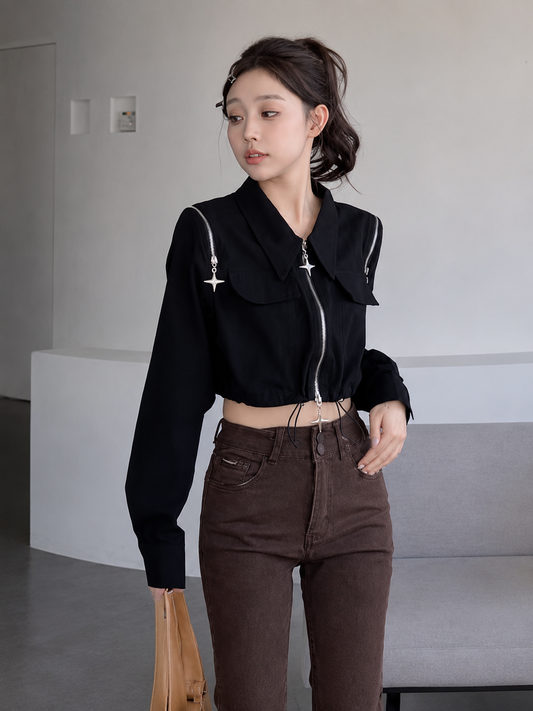 Convertible Shoulder-Zipper Cropped Cargo Jacket