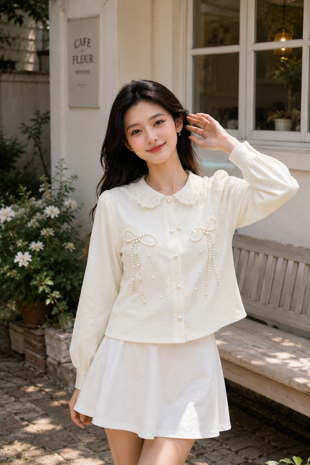 Pearl Bow Embroidered Lace-Collar Shirt