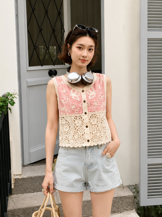 Floral Embroidered Crochet Patchwork Vest Top