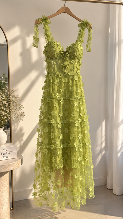 3D Floral Appliqué Tiered Tulle Maxi Dress