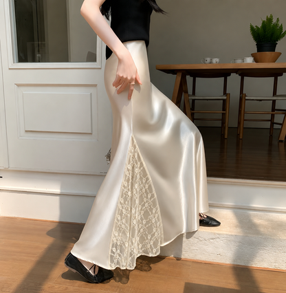 Lace-Panel High-Waist Maxi Slip Satin Skirt