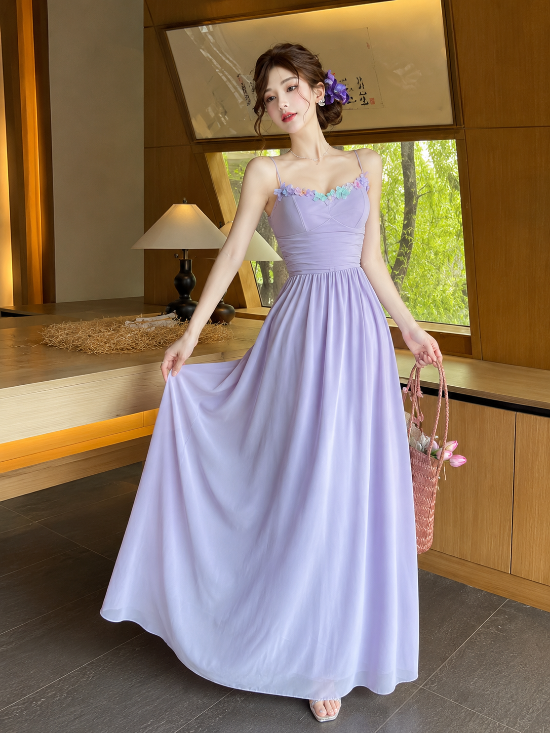 Butterfly Trim Layered Net Maxi Dress