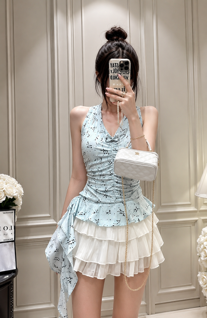 Constellation Print Ruched Ruffle Halter Top