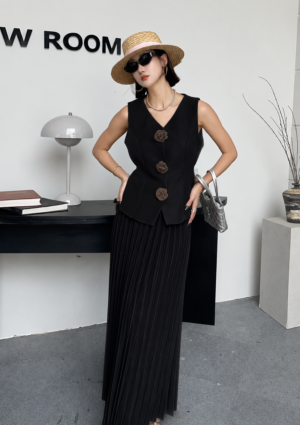 3D Rosette Button Tailored Waistcoat and Pleated Maxi Skirt Set