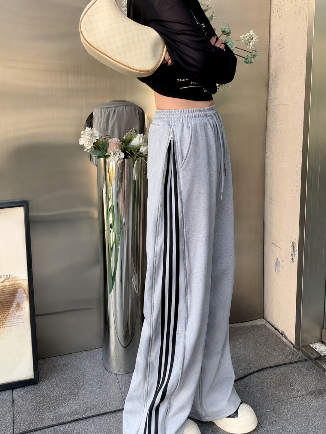 Wide-Leg Side-Zipper Striped Sweatpants