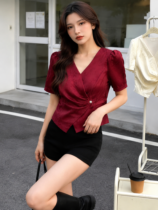 Short-Sleeve Jacquard Wrap Style Top with Pearl Accent