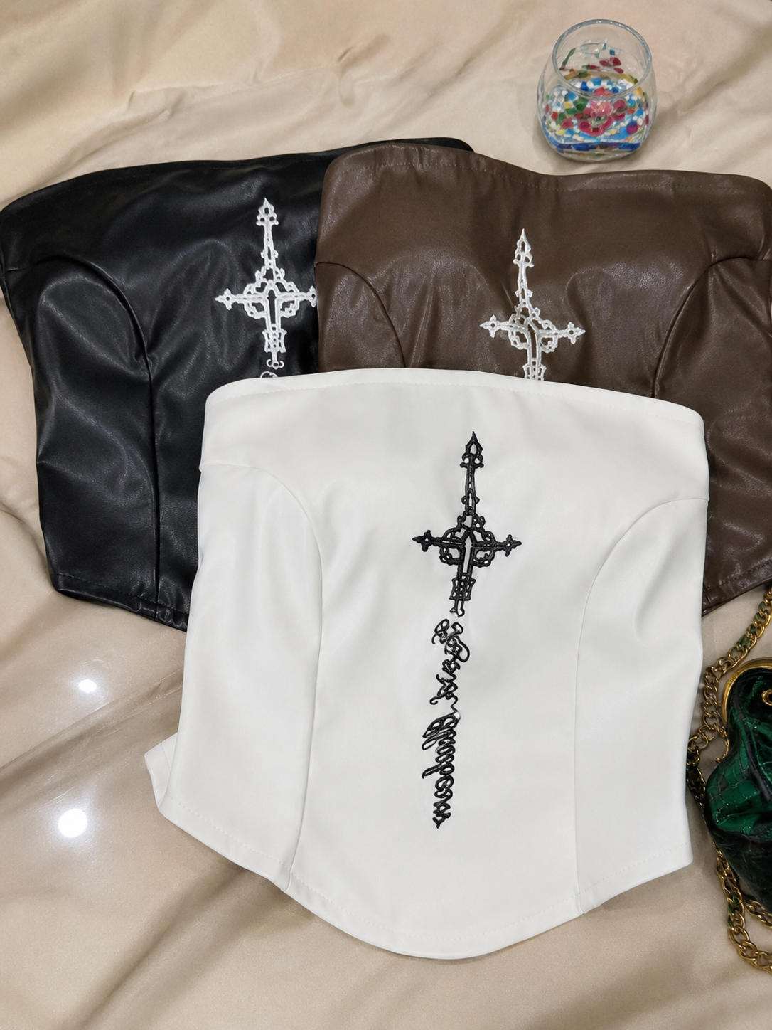 Gothic Cross Embroidered Faux Leather Tube Padded Top